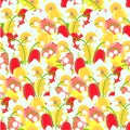 Daffodils, tulips, lily of the valley seamless pattern. Yellow, red, white flowers endless spring background Royalty Free Stock Photo